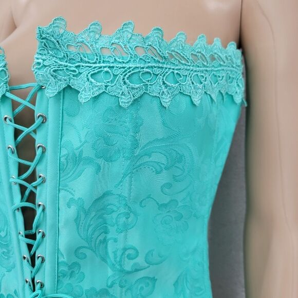 Frederick's of Hollywood Y2K Teal Mint Lace Up Corset Bustier and Matching Thong - Picture 2 of 12